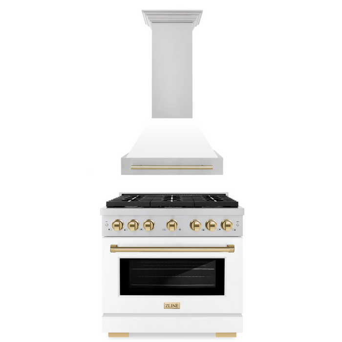 ZLINE Autograph Package - 36 In. Gas Range and Range Hood with White Matte Door and Gold Accents, 2AKP-RGWMRH36-G