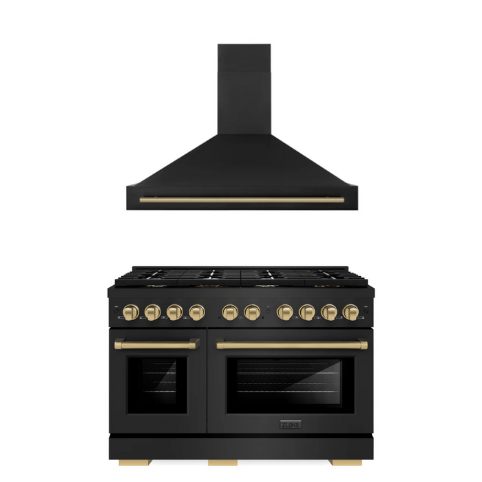 ZLINE Autograph Package - 48 In. Gas Range and Range Hood in Black Stainless Steel with Champagne Bronze Accents, 2AKPR-RGBRH48-CB