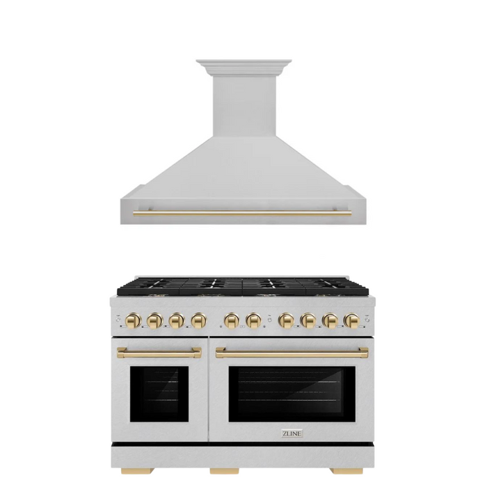 ZLINE Autograph Package - 48 In. Gas Range and Range Hood in DuraSnow® Stainless Steel with Gold Accents, 2AKPR-RGSRH48-G