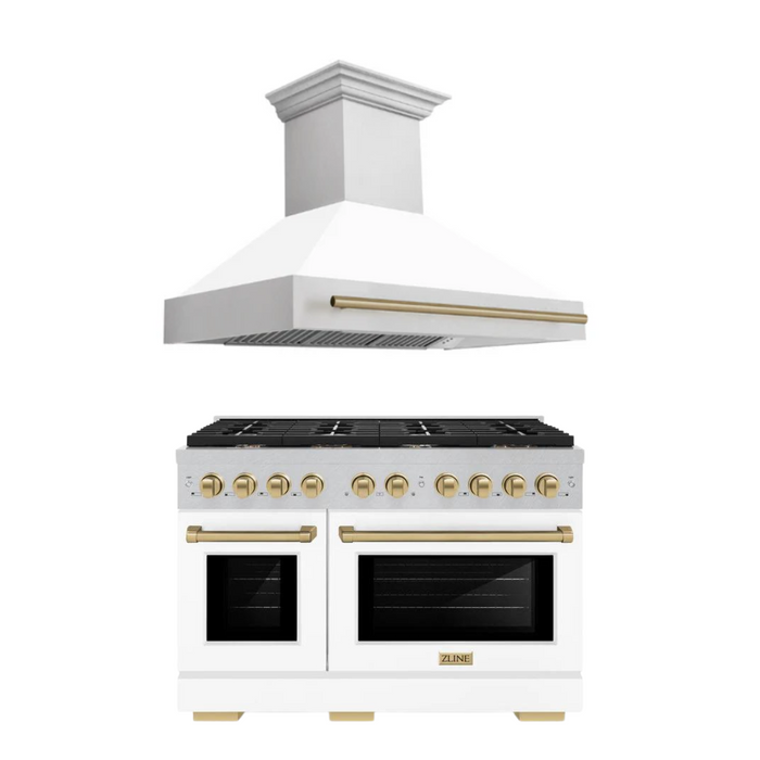 ZLINE Autograph Package - 48" Gas Range and Range Hood in DuraSnow® Stainless Steel, White Matte, Bronze Accents