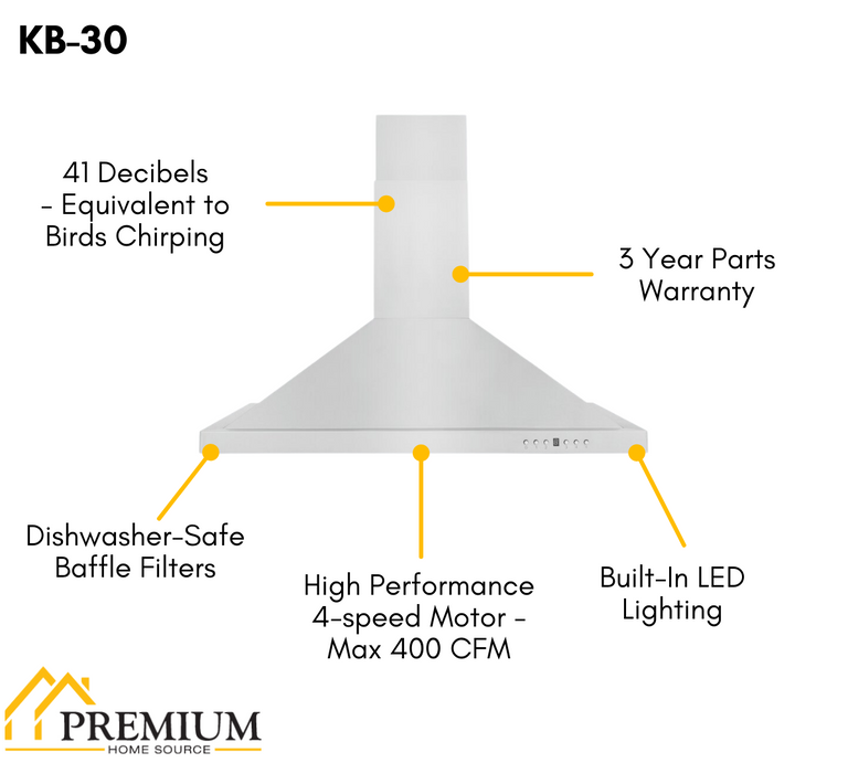 ZLINE 30" Convertible Wall Mount Range Hood in Stainless Steel with Charcoal Filters, KB-CF-30