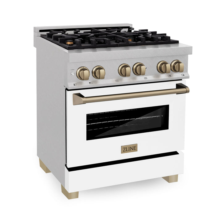 ZLINE 30 Inch Autograph Edition Dual Fuel Range in DuraSnow® Stainless Steel with White Matte Door and Champagne Bronze Accents, RASZ-WM-30-CB