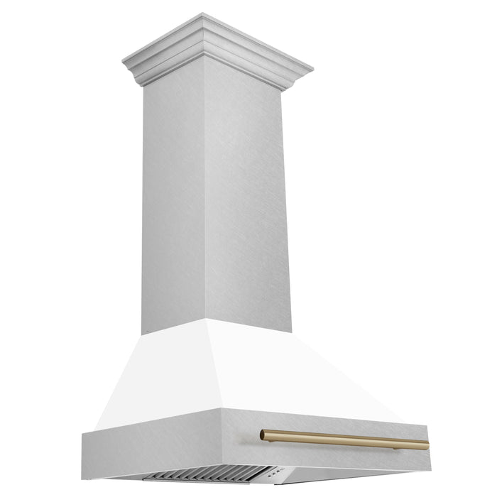 ZLINE 30 Inch Autograph Edition DuraSnow® Range Hood with White Matte Shell and Champagne Bronze Handle, 8654SNZ-WM30-CB