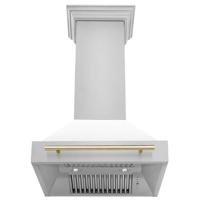 ZLINE 30 Inch Autograph Edition Range Hood with White Matte Shell and Gold Handle, 8654STZ-WM30-G