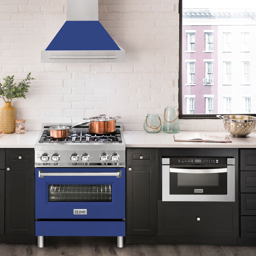 ZLINE 30 inch stainless steel range hood with blue matte shell