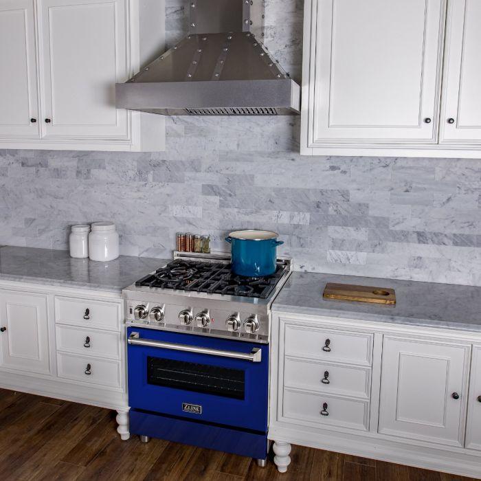 ZLINE 30 in. Dual Fuel Range in Blue Gloss & 30 in. Range Hood Appliance Package, 2KP-RABGRH30