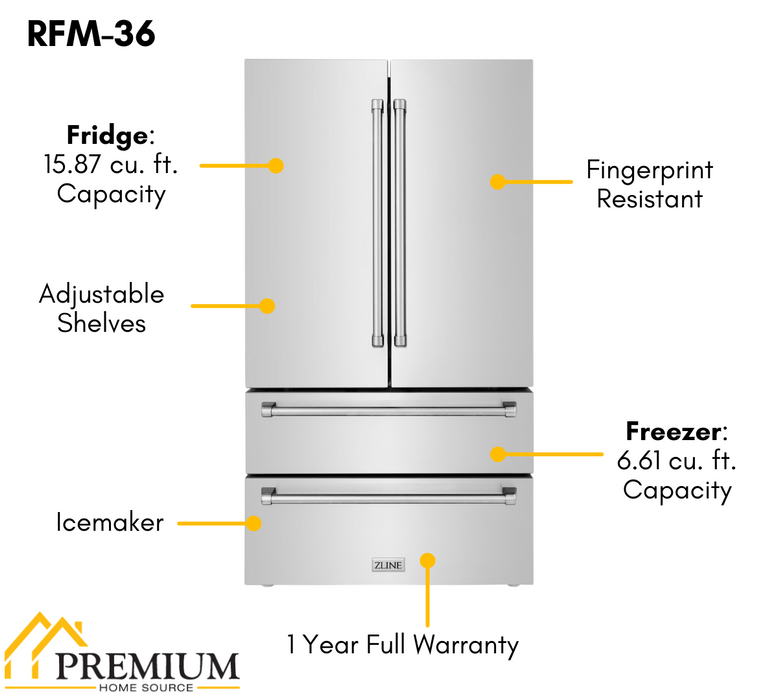 ZLINE 36" 22.5 cu. ft 4-Door French Door Refrigerator with Ice Maker in Fingerprint Resistant Stainless Steel, RFM-36