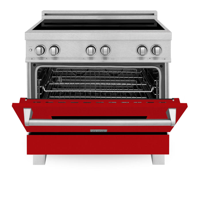 ZLINE 36 In. 4.6 cu. ft. Induction Range with a 4 Element Stove and Electric Oven in Durasnow and Red Gloss, RAINDS-RG-36