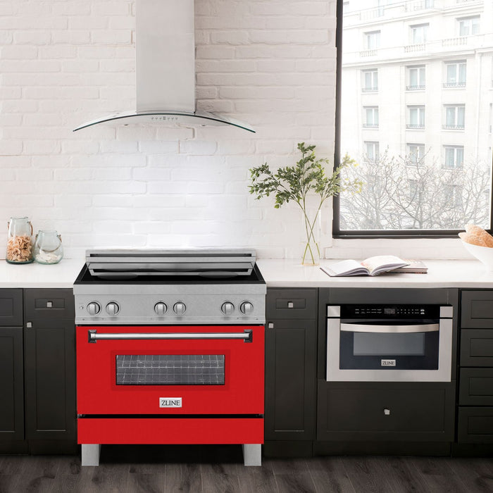 ZLINE 36 In. 4.6 cu. ft. Induction Range with a 4 Element Stove and Electric Oven in Durasnow and Red Matte, RAINDS-RM-36