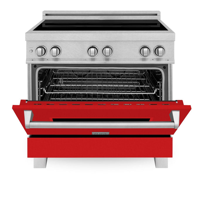 ZLINE 36 In. 4.6 cu. ft. Induction Range with a 4 Element Stove and Electric Oven in Durasnow and Red Matte, RAINDS-RM-36