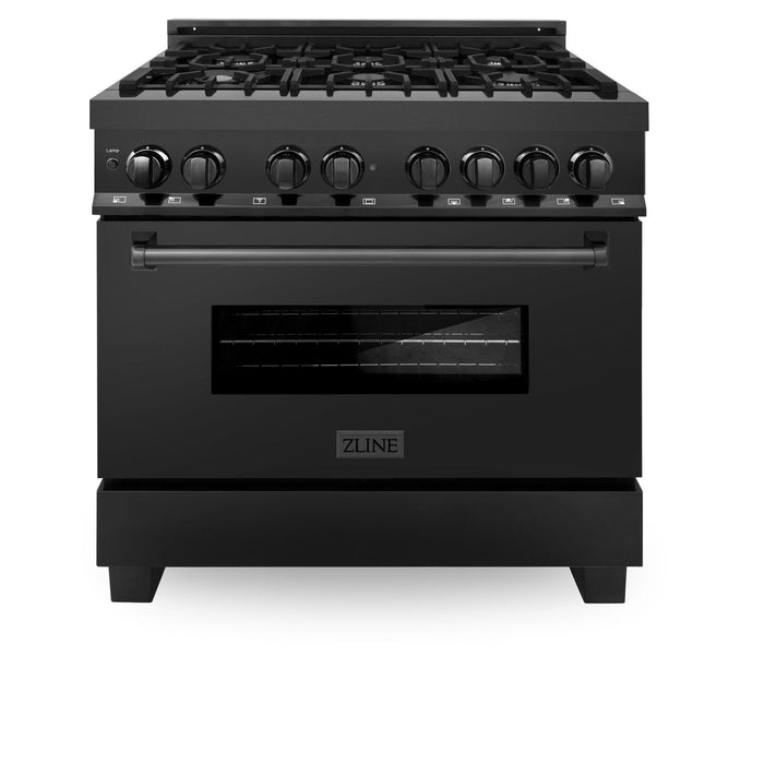 ZLINE 36 in. Dual Fuel Range, Range Hood Black Stainless Steel Appliance Package, 2KP-RABRH36