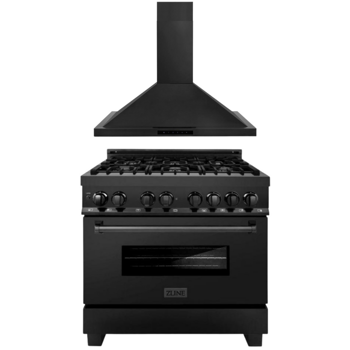 ZLINE 36 in. Dual Fuel Range, Range Hood Black Stainless Steel Appliance Package, 2KP-RABRH36