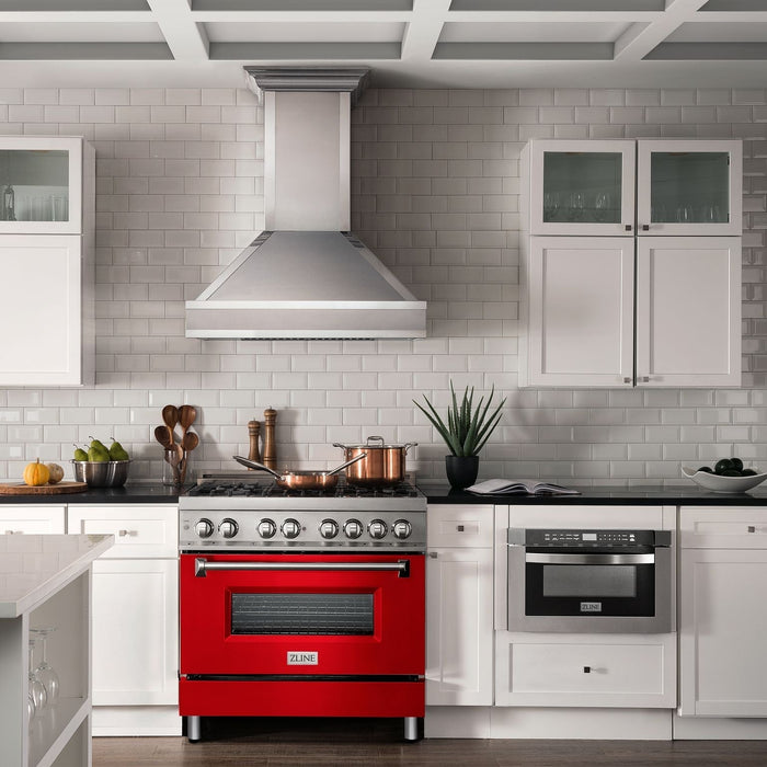 ZLINE 36 in. Dual Fuel Range with Red Matte Doors & 36 in. Range Hood Appliance Package, 2KP-RARMRH36