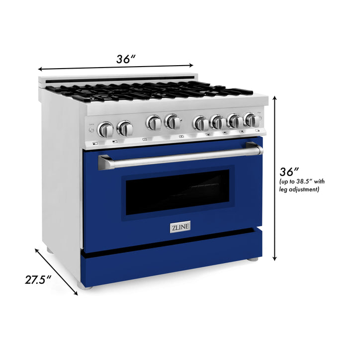 ZLINE 36 in. Gas Range with Blue Gloss Door & 36 in. Range Hood Appliance Package, 2KP-RGBGRH36