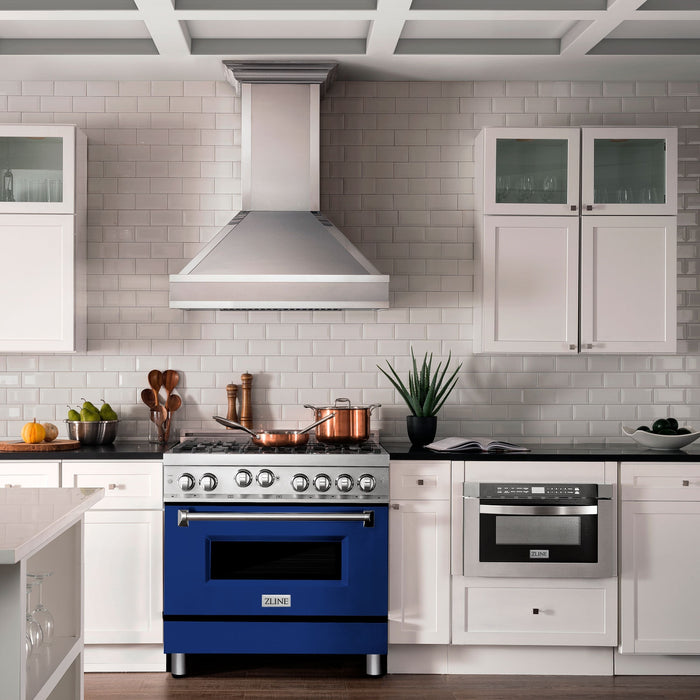 ZLINE 36 in. Gas Range with Blue Gloss Door & 36 in. Range Hood Appliance Package, 2KP-RGBGRH36