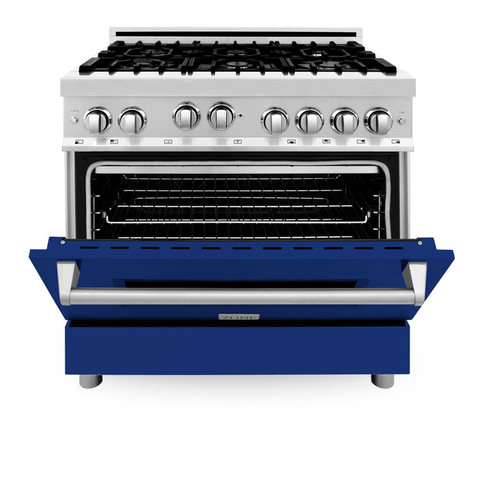 ZLINE 36 in. Gas Range with Blue Gloss Door & 36 in. Range Hood Appliance Package, 2KP-RGBGRH36