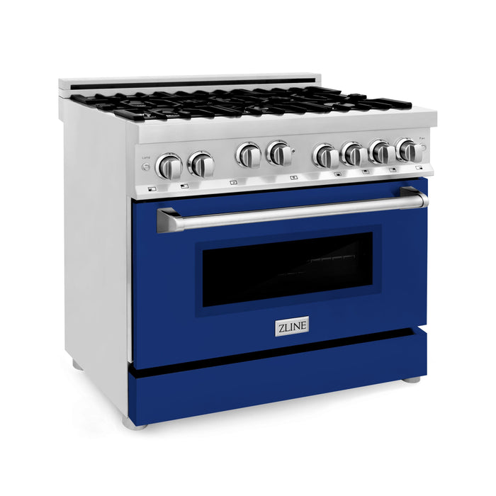 ZLINE 36 in. Gas Range with Blue Gloss Door & 36 in. Range Hood Appliance Package, 2KP-RGBGRH36