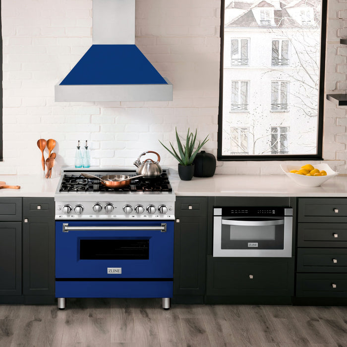 ZLINE 36 in. Gas Range with Blue Gloss Door & 36 in. Range Hood Appliance Package, 2KP-RGBGRH36