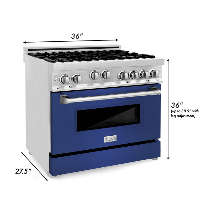 ZLINE 36 in. Gas Range with Blue Matte Door & 36 in. Range Hood Appliance Package, 2KP-RGBMRH36