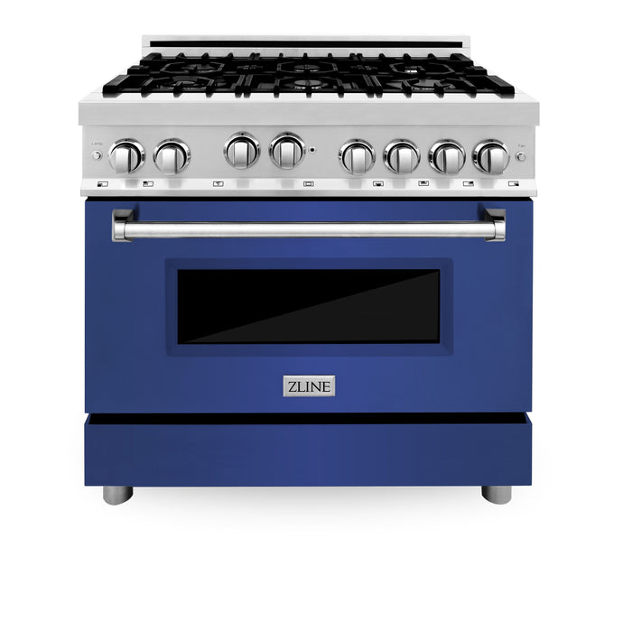 ZLINE 36 in. Gas Range with Blue Matte Door & 36 in. Range Hood Appliance Package, 2KP-RGBMRH36