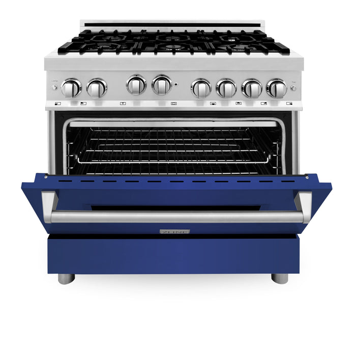 ZLINE 36 in. Gas Range with Blue Matte Door & 36 in. Range Hood Appliance Package, 2KP-RGBMRH36