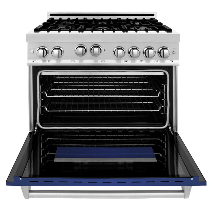 ZLINE 36 in. Gas Range with Blue Matte Door & 36 in. Range Hood Appliance Package, 2KP-RGBMRH36