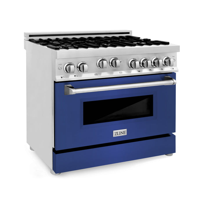 ZLINE 36 in. Gas Range with Blue Matte Door & 36 in. Range Hood Appliance Package, 2KP-RGBMRH36