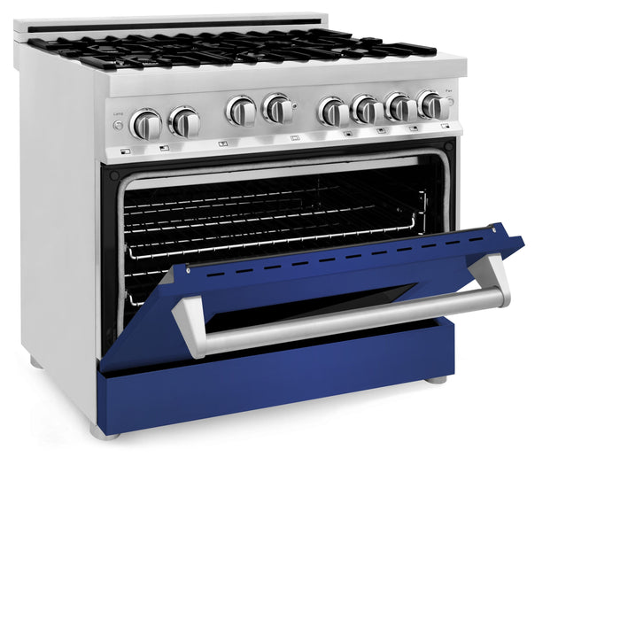 ZLINE 36 in. Gas Range with Blue Matte Door & 36 in. Range Hood Appliance Package, 2KP-RGBMRH36