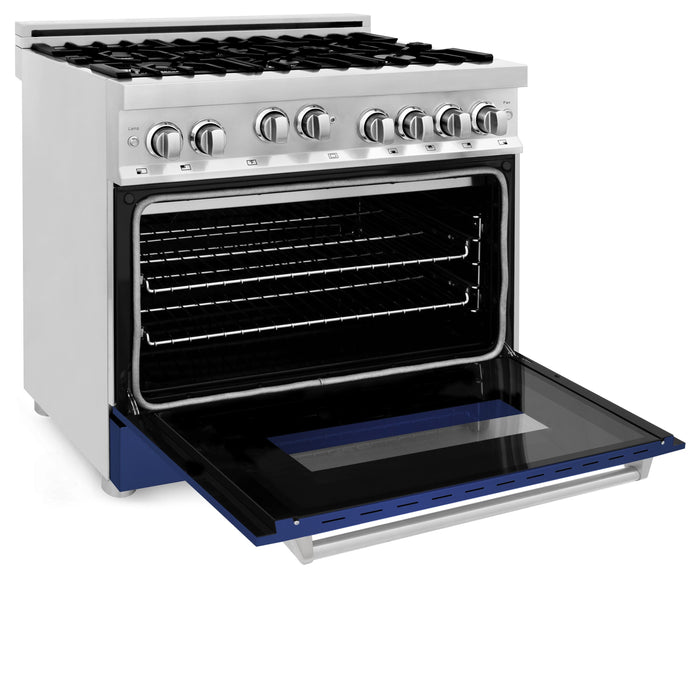 ZLINE 36 in. Gas Range with Blue Matte Door & 36 in. Range Hood Appliance Package, 2KP-RGBMRH36