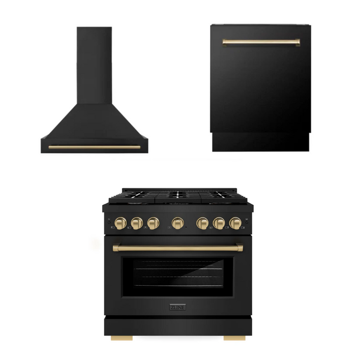 ZLINE Autograph Package - 36 In. Gas Range, Range Hood, Dishwasher in Black Stainless Steel with Champagne Bronze Accents, 3AKP-RGBRHDWV36-CB