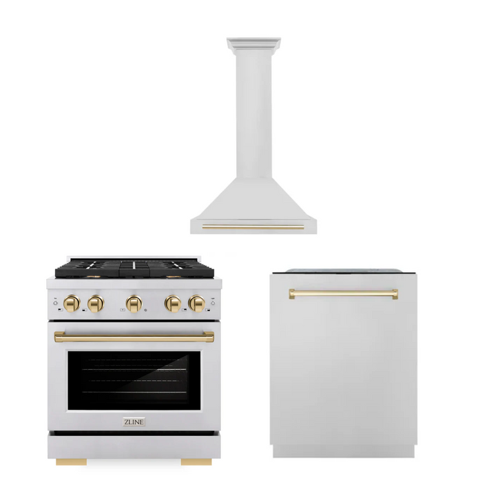 ZLINE Autograph Package - 30 In. Gas Range, Range Hood, Dishwasher in Stainless Steel with Gold Accents, 3AKP-RGRHDWM30-G