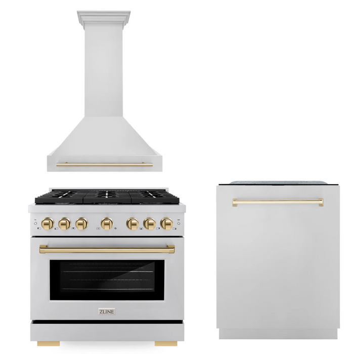 ZLINE Autograph Package - 36 In. Gas Range, Range Hood, Dishwasher in Stainless Steel with Gold Accents, 3AKP-RGRHDWM36-G