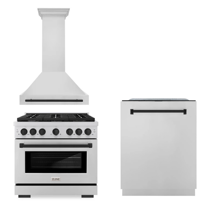 ZLINE Autograph Package - 36 In. Gas Range, Range Hood, Dishwasher in Stainless Steel with Matte Black Accents, 3AKP-RGRHDWM36-MB