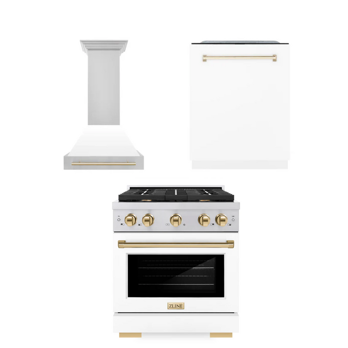 ZLINE Autograph Package - 30 In. Gas Range, Range Hood, Dishwasher in White Matte with Gold Accents, 3AKP-RGWMRHDWM30-G