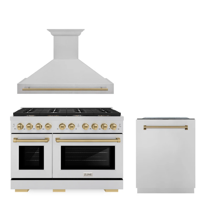 ZLINE Autograph Package - 48 In. Gas Range, Range Hood and Dishwasher with Champagne Bronze Accents, 3AKPR-RGSRHDWM48-CB