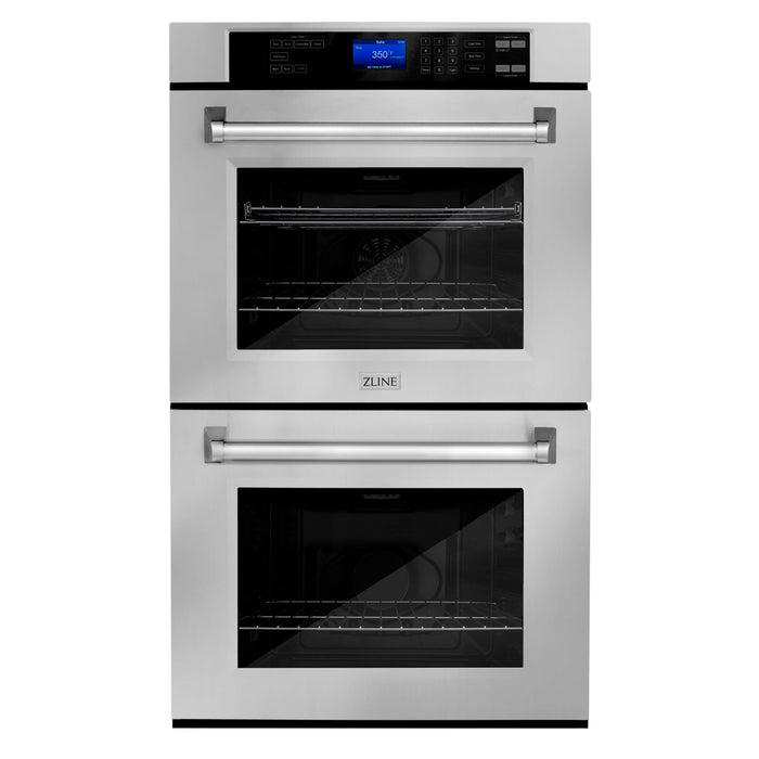 ZLINE 4-Piece Appliance Package - 30 In. Rangetop, Range Hood, Refrigerator, and Double Wall Oven in Stainless Steel, 4KPR-RTRH30-AWD