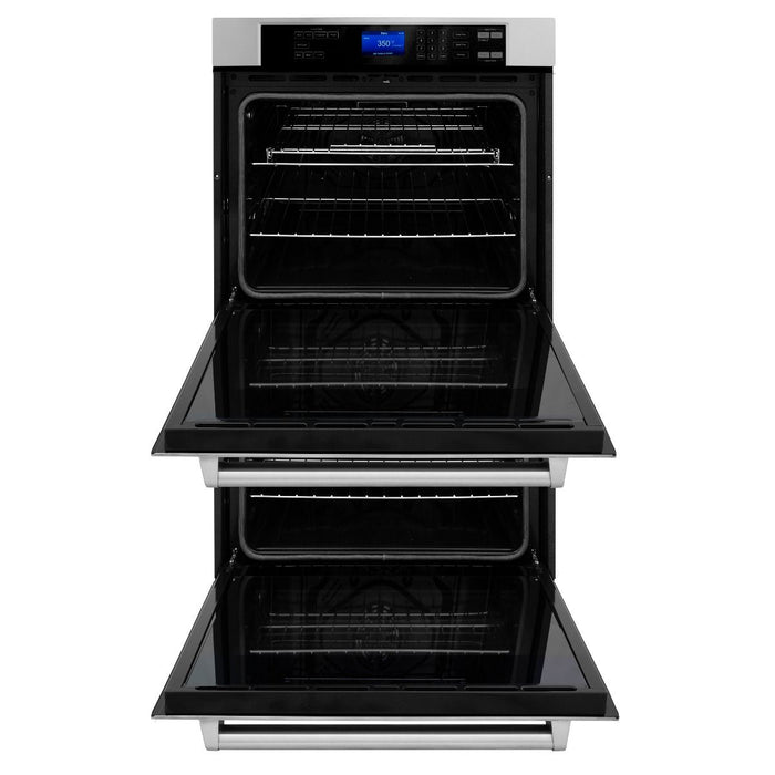 ZLINE 4-Piece Appliance Package - 30 In. Rangetop, Range Hood, Refrigerator, and Double Wall Oven in Stainless Steel, 4KPR-RTRH30-AWD