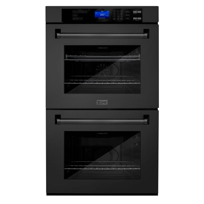 ZLINE 4-Piece Appliance Package - 36 In. Rangetop, Range Hood, Refrigerator, and Double Wall Oven in Black Stainless Steel, 4KPR-RTBRH36-AWD