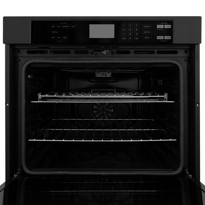 ZLINE 4-Piece Appliance Package - 36 In. Rangetop, Range Hood, Refrigerator, and Double Wall Oven in Black Stainless Steel, 4KPR-RTBRH36-AWD