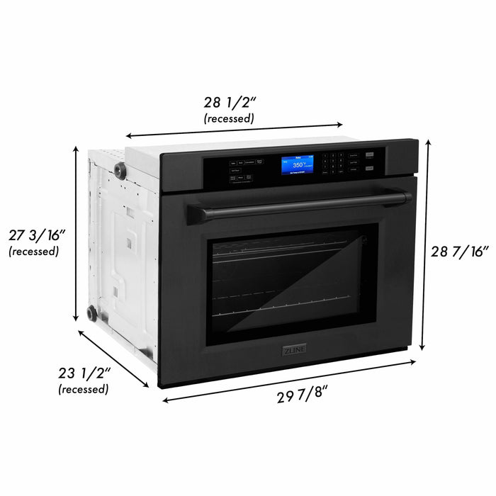 ZLINE 4-Piece Appliance Package - 36 In. Rangetop, Wall Oven, Refrigerator, and Microwave Oven in Black Stainless Steel, 4KPR-RTB36-MWAWS