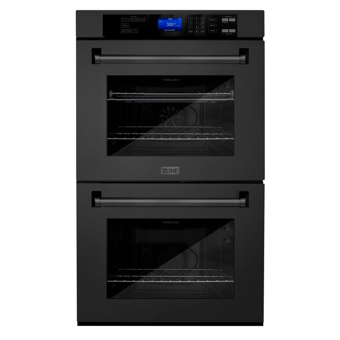 ZLINE 4-Piece Appliance Package - 48 In. Rangetop, Range Hood, Refrigerator, and Double Wall Oven in Black Stainless Steel, 4KPR-RTBRH48-AWD