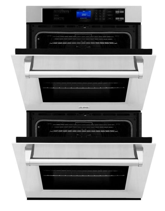 ZLINE 4-Piece Appliance Package - 48 In. Rangetop, Range Hood, Refrigerator, and Double Wall Oven in Stainless Steel, 4KPR-RTRH48-AWD