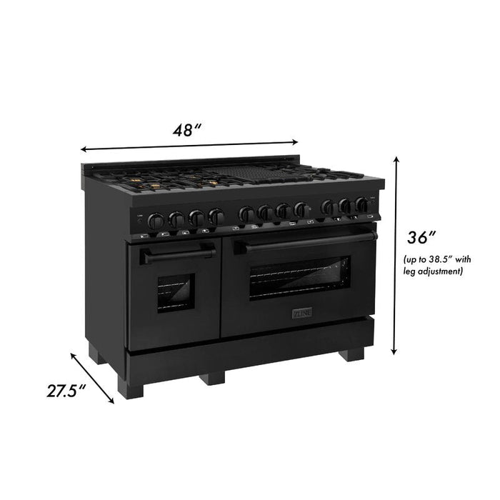 ZLINE 48 In. Dual Fuel Range in Black Stainless Steel & 48" Range Hood Appliance Package, 2KP-RABRH48