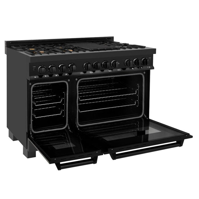 ZLINE 48 In. Dual Fuel Range in Black Stainless Steel & 48" Range Hood Appliance Package, 2KP-RABRH48