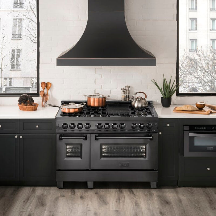 ZLINE 48 In. Dual Fuel Range in Black Stainless Steel & 48" Range Hood Appliance Package, 2KP-RABRH48