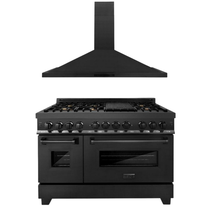 ZLINE 48 In. Dual Fuel Range in Black Stainless Steel & 48" Range Hood Appliance Package, 2KP-RABRH48