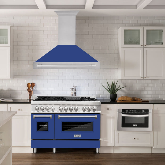 ZLINE 48 In. Stainless Steel Range Hood with Blue Matte Shell and Stainless Steel Handle, 8654STX-BM-48