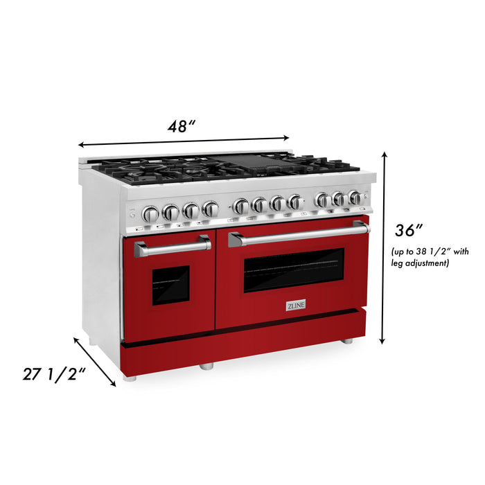 ZLINE 48 in. Dual Fuel Range with Red Gloss Door & 48 in. Range Hood Appliance Package, 2KP-RARGRH48