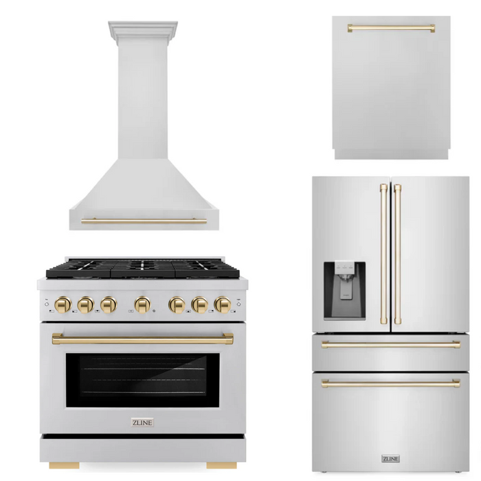 ZLINE Autograph Package - 36" Gas Range, Range Hood, Refrigerator with Water & Ice Dispenser, Dishwasher with Gold Accents