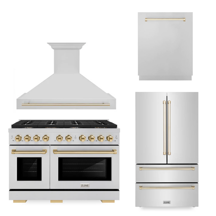 ZLINE Autograph Package - 48 in. Gas Range, Range Hood, 3 Rack Dishwasher, Refrigerator with Gold Accents - 4AKPR-RGRHDWM48-G